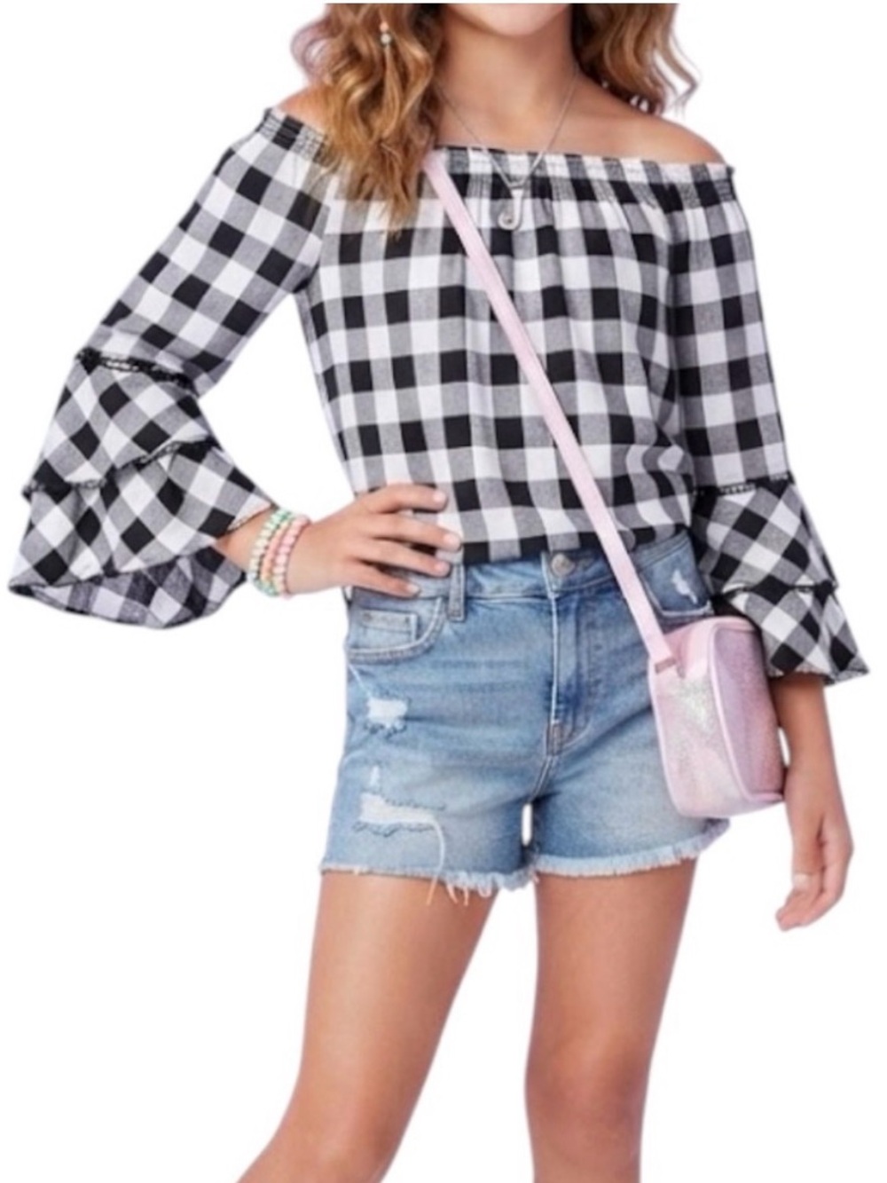 JUSTICE Buffalo Plaid Off Shoulder Bell Sleeve Blouse Black/White 16Y/Women's S